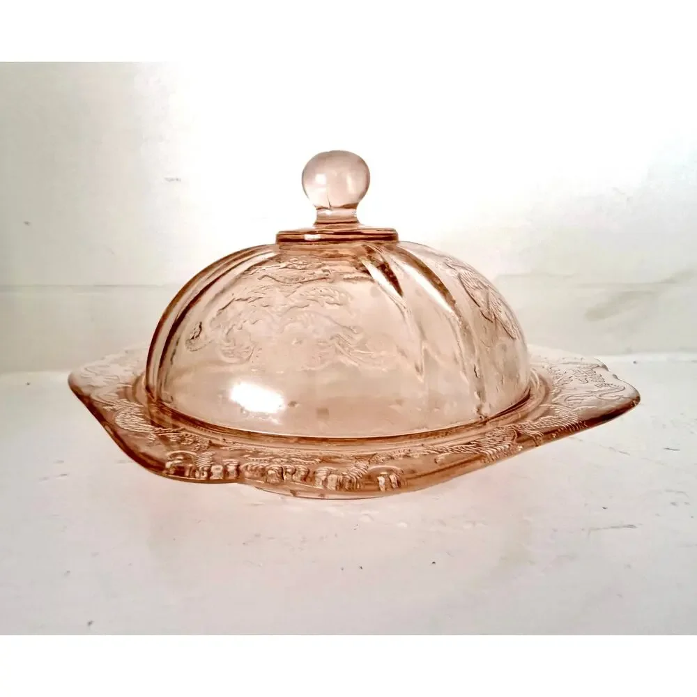 Indiana Glass Pink Recollection Madrid Round Domed Butter Cheese Dish Depression